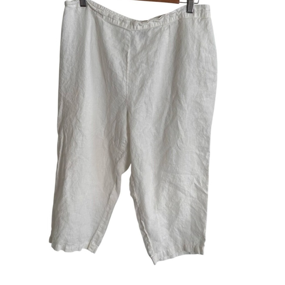 FLAX White Linen Cropped Wide Leg Pants Elastic Waist Womens Large Beach Coastal